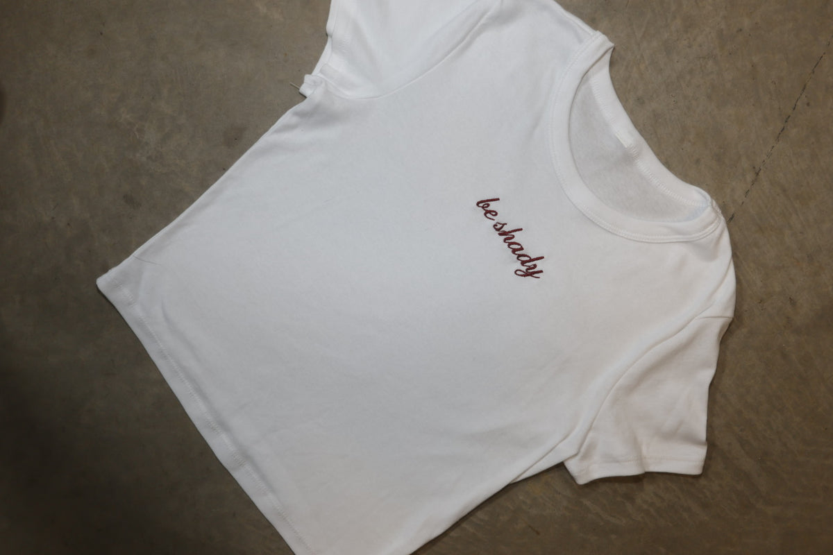 Be Shady baby tee in merlot — hand embroidered